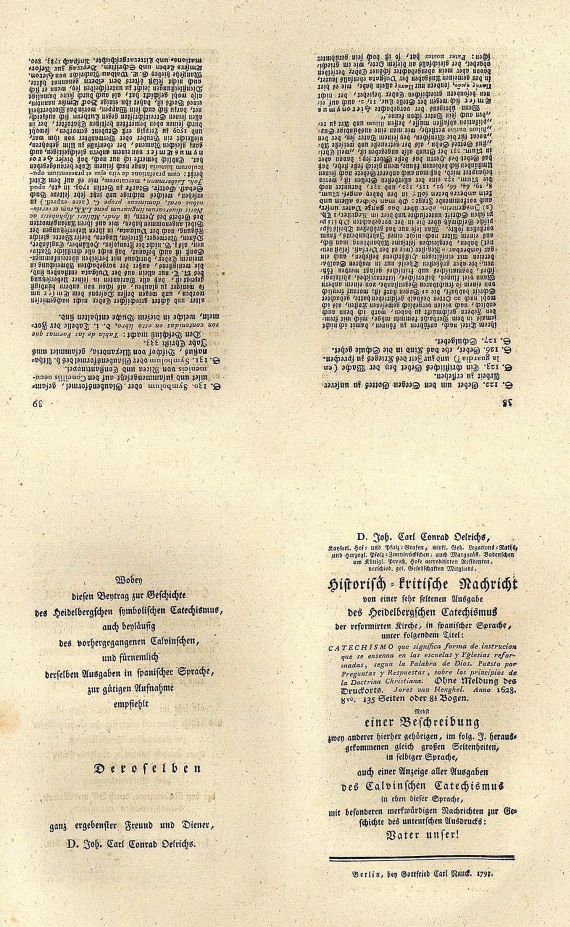 Johann Carl Conrad Oelrichs - Historisch-kritische Nachricht von einer Ausgabe des Heidelbergschen Catechismus (Rohbögen)