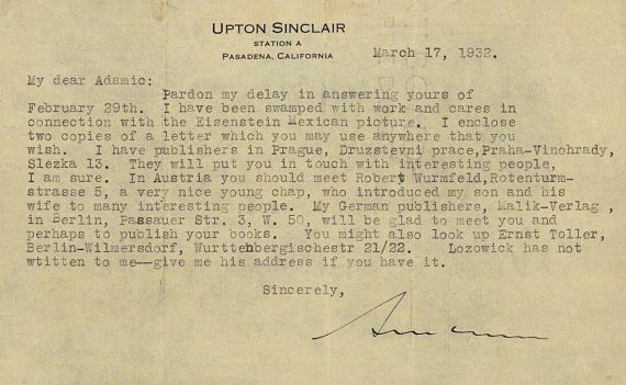 Upton Sinclair - Brief an Louis Adamic