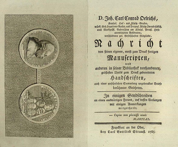 Oelrichs, J. C. C. - Nachricht von seinen Manuscripten (Rohbögen). 1785