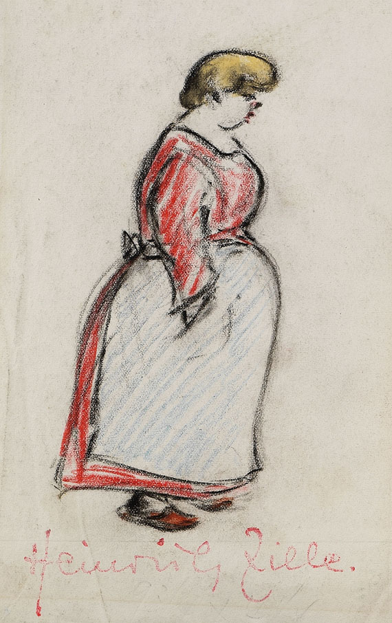 Heinrich Zille - Frau in rotem Kleid und blauer Schürze
