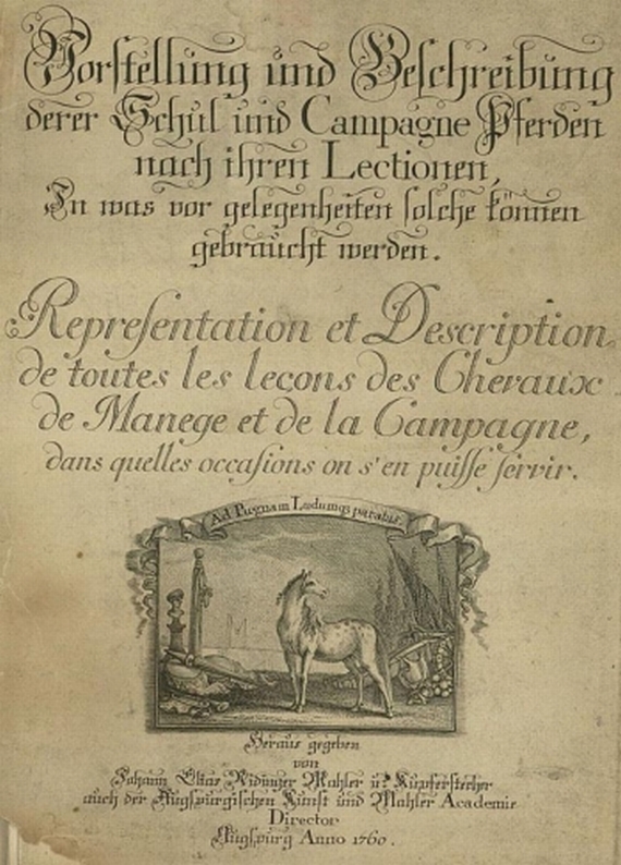   - Ridinger, J. E., Campagne Pferde, 61 Tafeln. 1760.