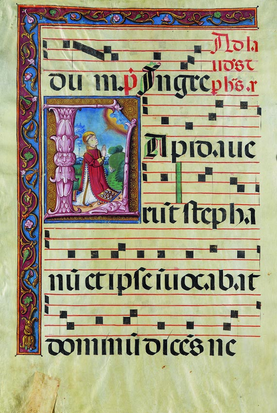  Manuskripte - 1 Bl. Antiphonar mit Miniatur des hl. Stephan. 1490