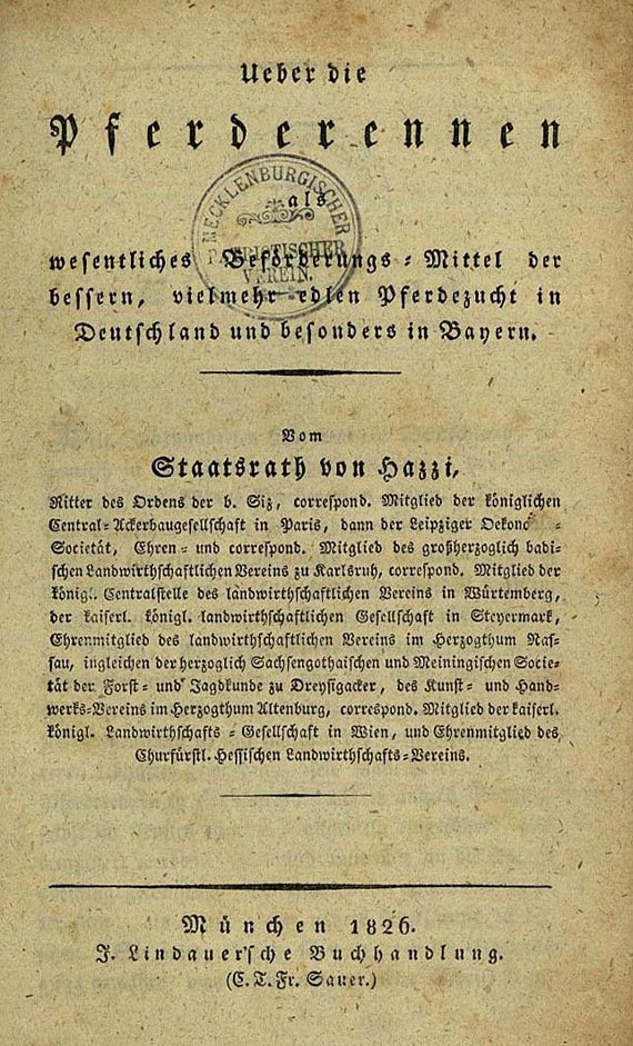 Joseph von Hazzi - Ueber die Pferderennen. 1826