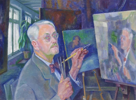 Conrad Felixmüller - Selbstbildnis mit malender Hand, im Hintergrund Werkstatt