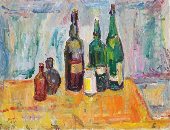 Wolfgang von Websky - Stillleben mit grünen Flaschen auf rotem Tischtuch