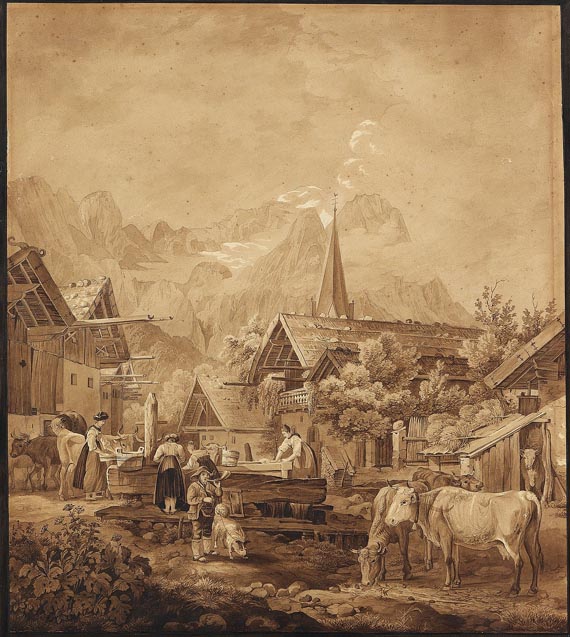 Friedrich Hohe - Dorf Partenkirchen mit Aussicht auf die Zugspitze