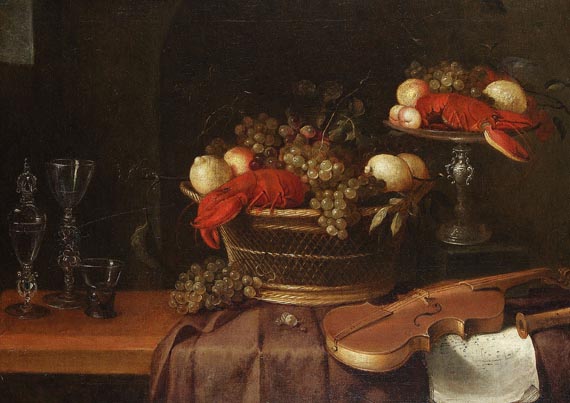 Flandern - Stillleben mit Früchten, Hummer und Musikinstrumenten