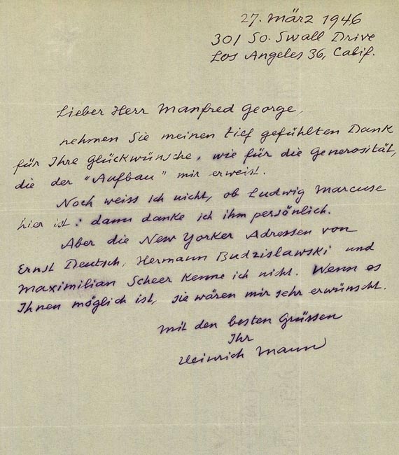 Heinrich Mann - Eigh. Brief an M. George. 1946.