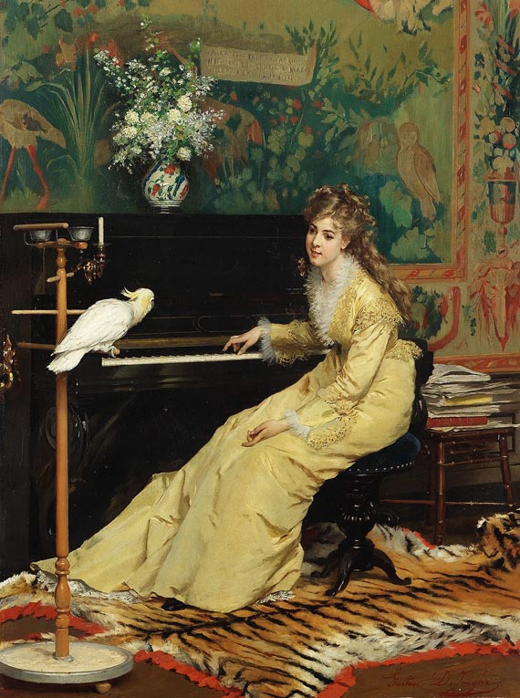 Gustave Léonard de Jonghe - Dame am Klavier mit Kakadu
