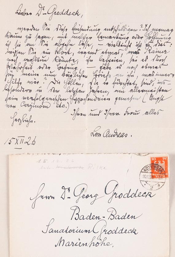 Lou Andreas-Salomé - Eigh. Brief m. Umschlag + eigh. Postkarte. An Groddeck