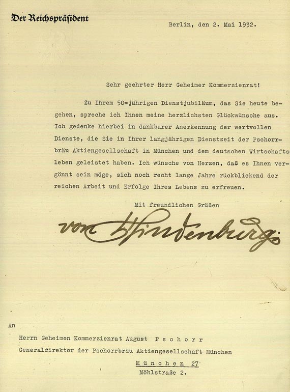 Paul Hindenburg - Prachtmappe mit masch. Gratulationsschreiben m. U. 1932.