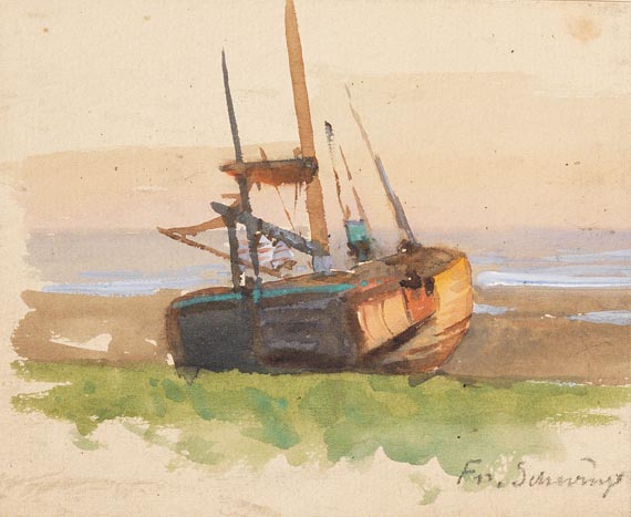 Friedrich Schwinge - 2 Bll. maritime Motive: Gestrandetes Boot. Pferde ziehen Segelboot an den Strand - 