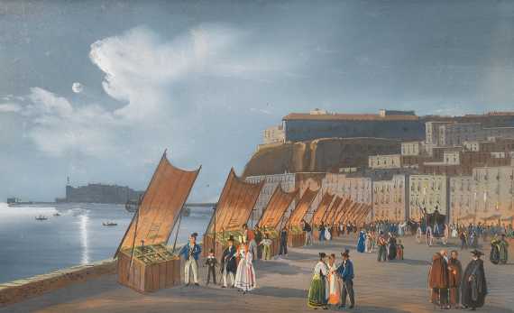  Neapel - 2 Blätter: Ansichten von Neapel: Hafen mit Blick auf den Vesuv und Blick auf Santa Lucia - 