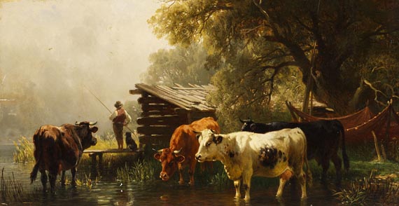 Friedrich Voltz - Uferlandschaft mit Kühen und Angler