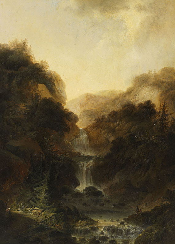 Heinrich Wüest - Gemäldepaar: Ideale Gebirgslandschaften mit Wasserfall und Zeichnern - 
