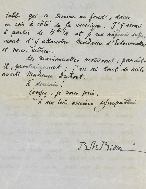 Rainer Maria Rilke - 1 Brief mit Unterschrift, 2 Seiten. Wohl 1909.