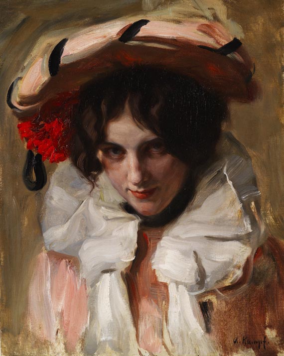 Arthur Kampf - Portrait einer jungen Dame mit Hut und roter Blume im Haar