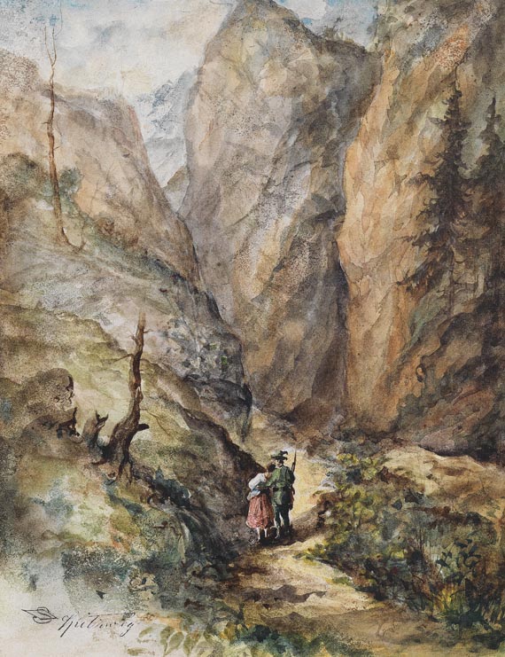 Carl Spitzweg - Jäger und Mädchen (Berglandschaft mit Liebespaar - Felsenschlucht mit Jäger und Mädchen)