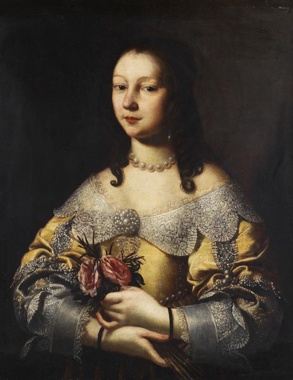 Pier Francesco Cittadini - Zugeschrieben - Porträt einer eleganten Dame mit kleinem Rosenbouquet