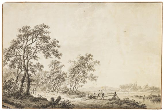 Barend Cornelis Koekkoek - Niederrheinische Flusslandschaft mit kleiner Ortschaft und Personenstaffage