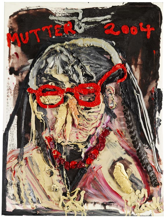 Jonathan Meese - Mutter (gestürzt) mit roter Brille und rötlicher Perlenkette