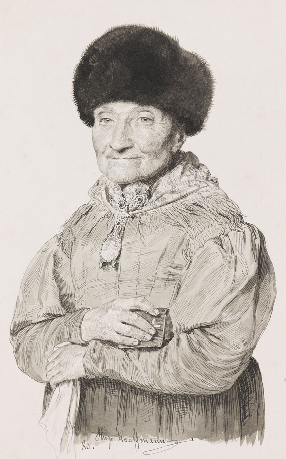Hugo Kauffmann - Porträt einer alten Dame in Tracht und mit Pelzmütze