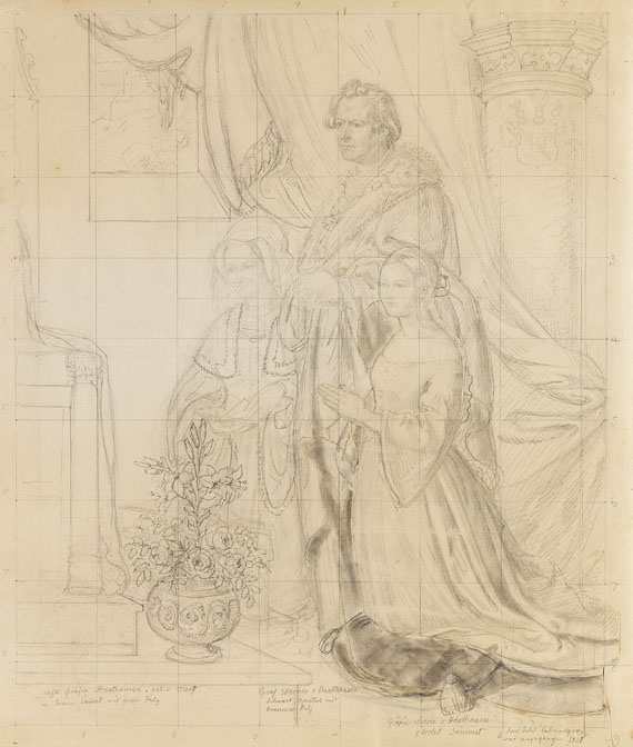 Ludwig Emil Grimm - Werner Freiherr von Haxthausen mit Frau und Tochter (Entwurfszeichnung zu dem Gemälde)
