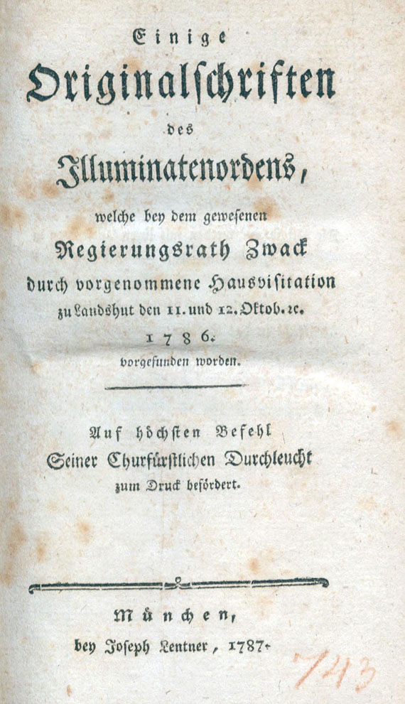 Freimaurer - A. Weishaupt, Einige Originalschriften der Illuminaten.1787. - Dabei: Grosse Absichten des Ordens. 1786.