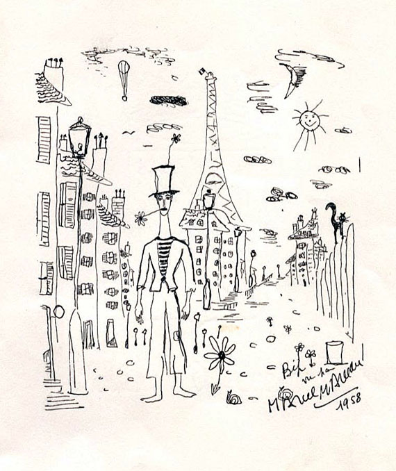 Marcel Marceau - Konvolut mit 8 Autographen + 1 eigh. Umschlag. 1953-61.