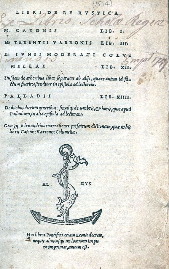  Aldus-Drucke - M. P. Cato, De re rustica. 1514