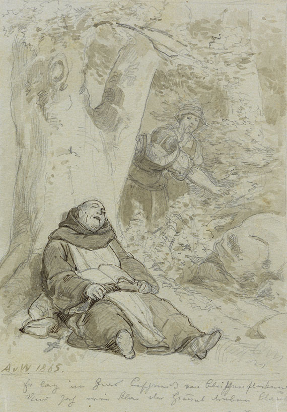 Anton von Werner - 2 Blätter: Das Begräbnis. Schlafender Mönch - 