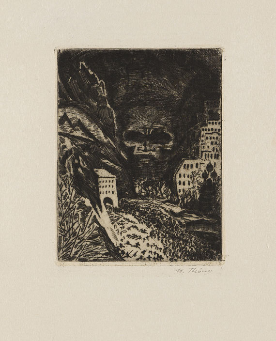 Wilhelm Thöny - 2 Blätter: Interieurszene. Ungeheuer vor der Stadt - 