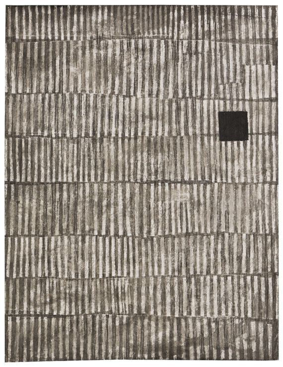 Willi Müller-Hufschmid - 5 Blätter: Ohne Titel. Komposition mit gestreiften Rechtecken. Rechtecke, Balken und Punkt. Labyrinth. Streifenbahnen mit schwarzem Quadrat - 