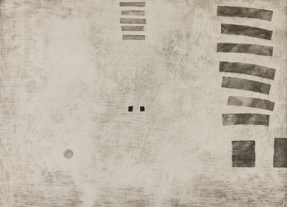 Willi Müller-Hufschmid - 5 Blätter: Ohne Titel. Komposition mit gestreiften Rechtecken. Rechtecke, Balken und Punkt. Labyrinth. Streifenbahnen mit schwarzem Quadrat - 