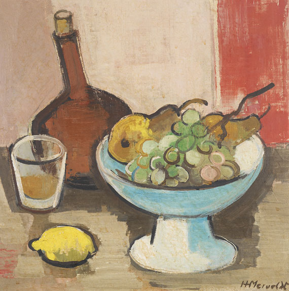 Hanns Hubertus Graf von Merveldt - Stillleben mit Flasche und Schale mit Früchten