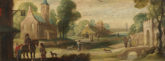  Niederlande - Vier Miniatur-Gemälde mit Landschaftsszenen und zahlreichen Personen - 