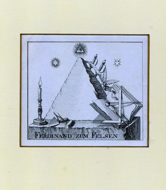  Freimaurer - Freimaurer- Urkunden u. -Graphik. 13 Tle. (gerahmt). -Dabei: 5 Porträts (gerahmt). 18./19. Jh