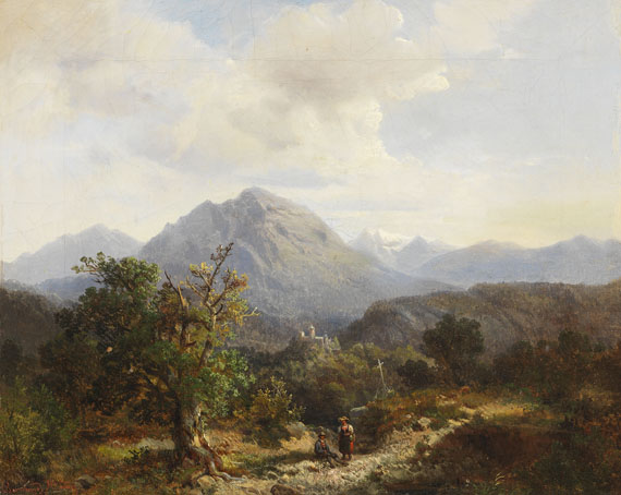 Bernhard Mühlig - Berglandschaft mit Burg und Personen