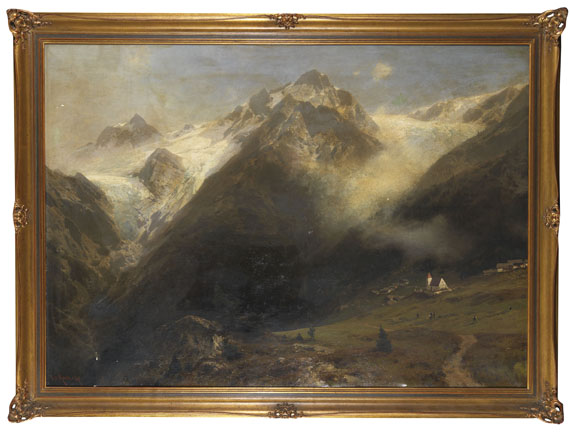 Otto Werner Henning von Kameke - Berglandschaft mit kleinem Ort und zwei Gletschern - 