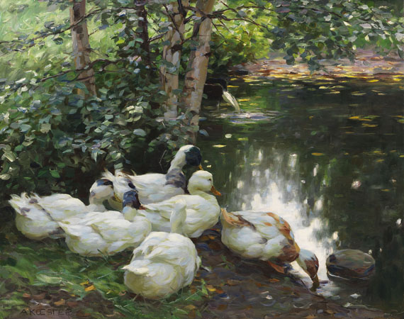 Alexander Koester - Sechs Enten am Teichufer