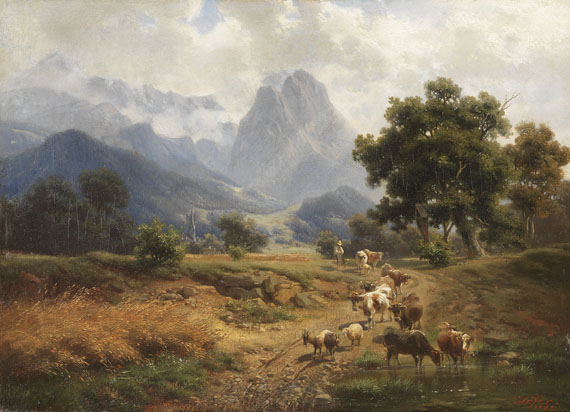 Heinrich Höfer - Hirtenjunge mit Vieh bei Partenkirchen mit Blick auf das Wettersteingebirge