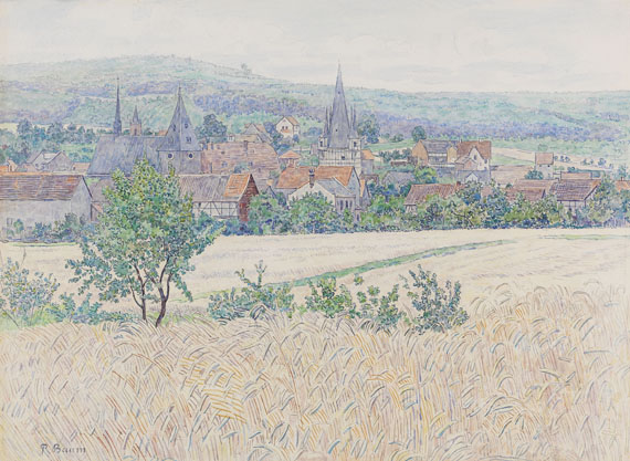 Paul Baum - 2 Blätter: Ährenfelder vor Neustadt in Hessen mit Junker-Hansen-Turm. Blick aus Homberg an der Efze über blühende Bäume - 