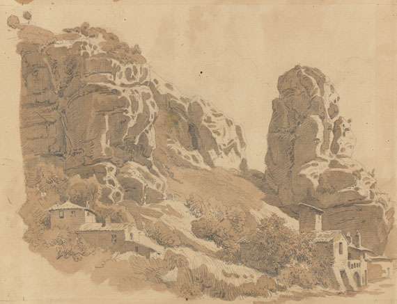 Gustav Jakob Canton - 2 Bll.: Felsige Landschaft. Antike Wasserleitung in den Albaner Bergen - 