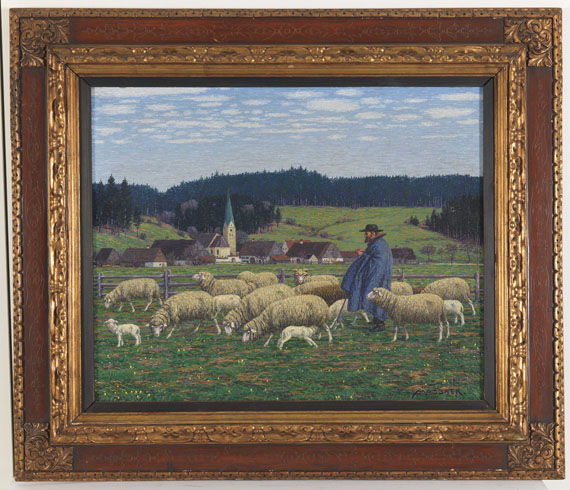Josef Madlener - Hirte mit seinen Schafen am Dorfrand - Frame image