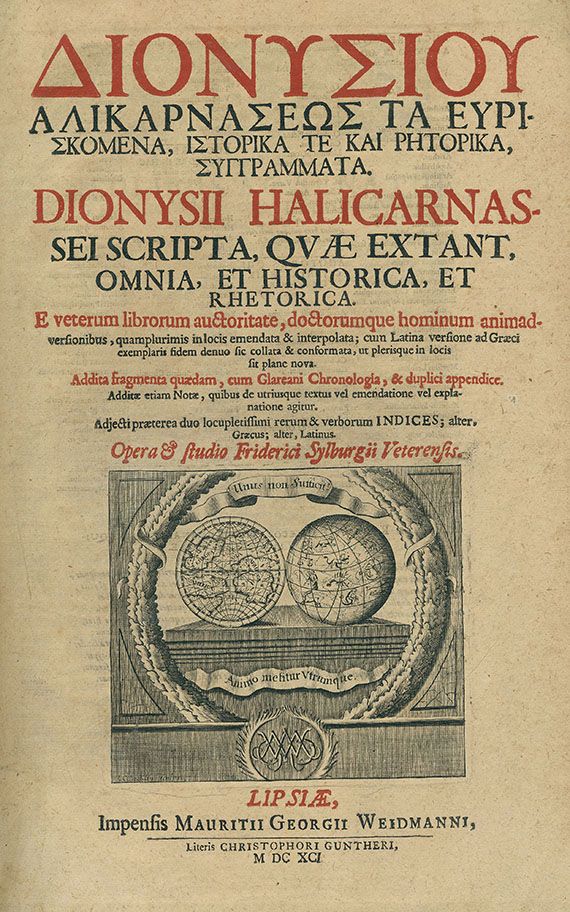 Dionysius Helicarnasseus - Ta euriskomena, istorika te kai retorika. 1691.