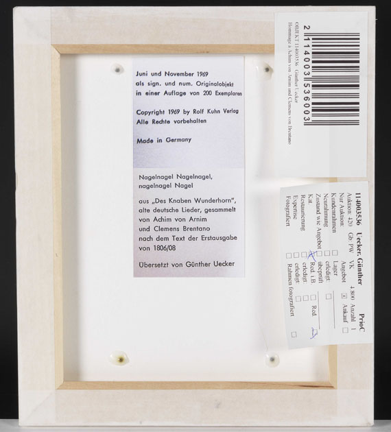 Günther Uecker - Hommage à Achim von Arnim und Clemens von Brentano - Back side