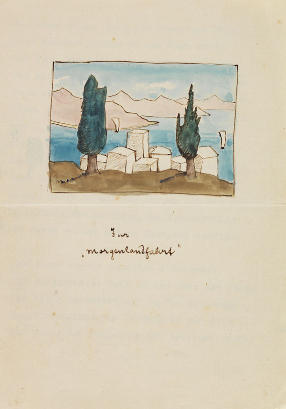 Hermann Hesse - Eigh. Gedicht "Zur Morgenlandfahrt" mit Aquarell. Um 1935.