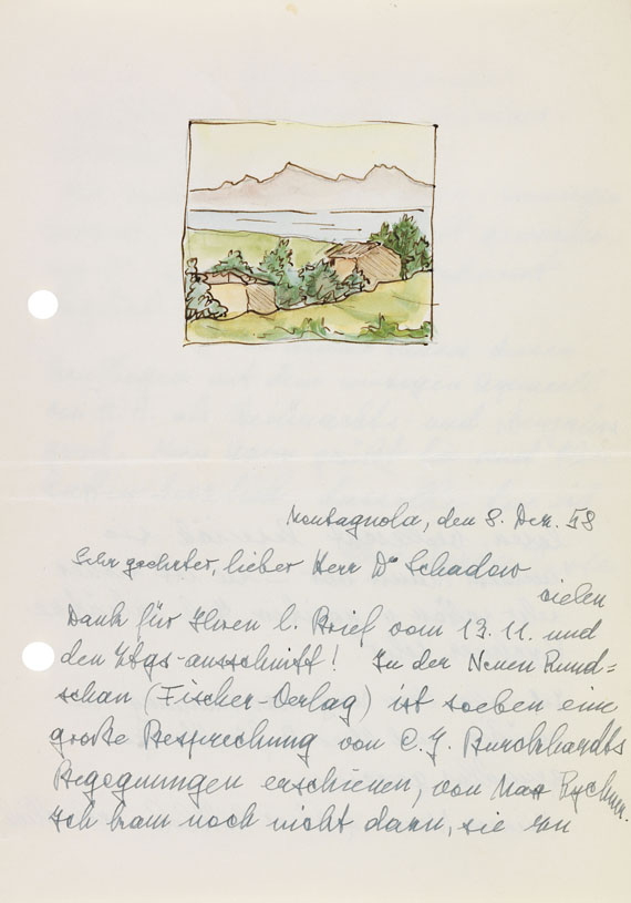 Hermann Hesse - Aquarell auf Brief von Ninon Hesse (gelocht). 1958 - 