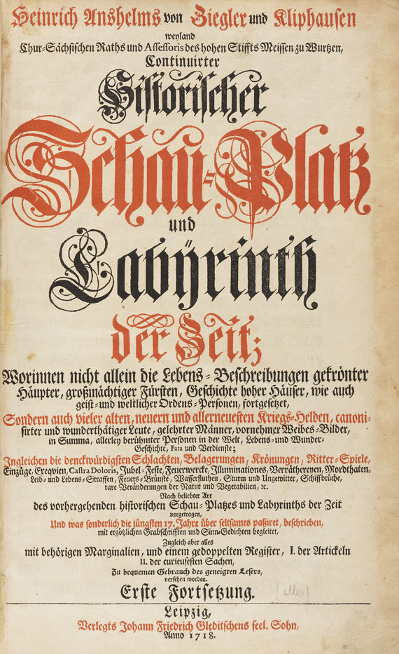 Heinrich A. von Ziegler und Kliphausen - Schau-Platz der Zeit. 2 Bde. 1695-1718