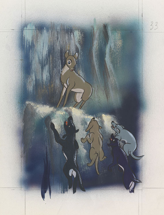  Walt Disney Studios - Gouache-Entwürfe zu "Bambi" für Tobler Chocolat. 32 Abb. von 41. + 2 Beigaben. 1950 - 